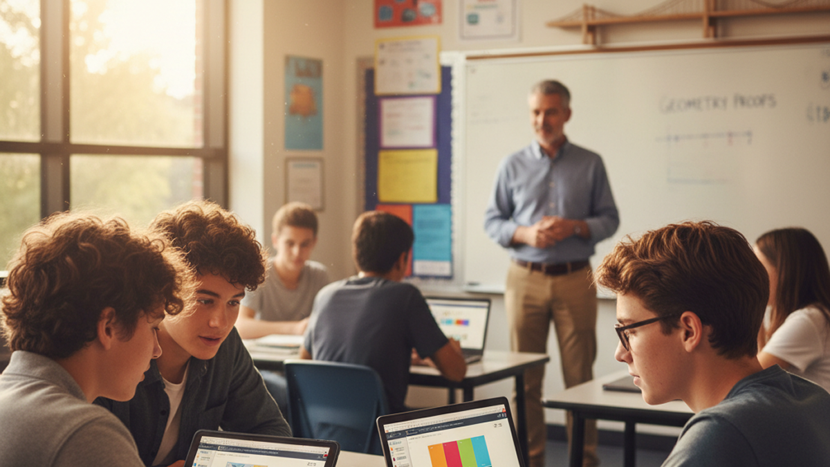 Alpha School student using adaptive learning software while a human Guide provides individual support