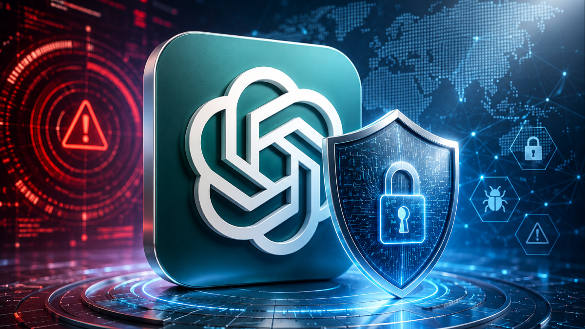 Editorial illustration representing OpenAI's Astra model and heightened cybersecurity safeguards around frontier AI development.
