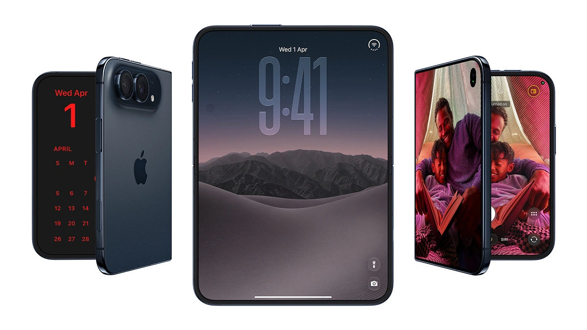 Apple iPhone Duo shown closed and unfolded with its 7.6-inch folding display