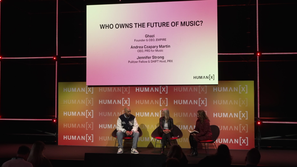 Ghazi Shami and Andrea Czapary Martin discussing AI music ownership and artist rights at HumanX Amsterdam 2026