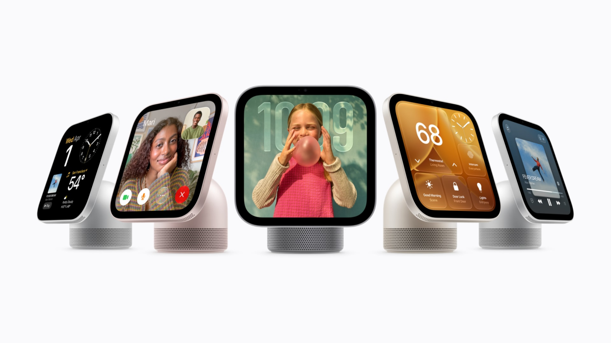 Apple HomeView tabletop smart display shown in silver, starlight, rose pink and space grey finishes.